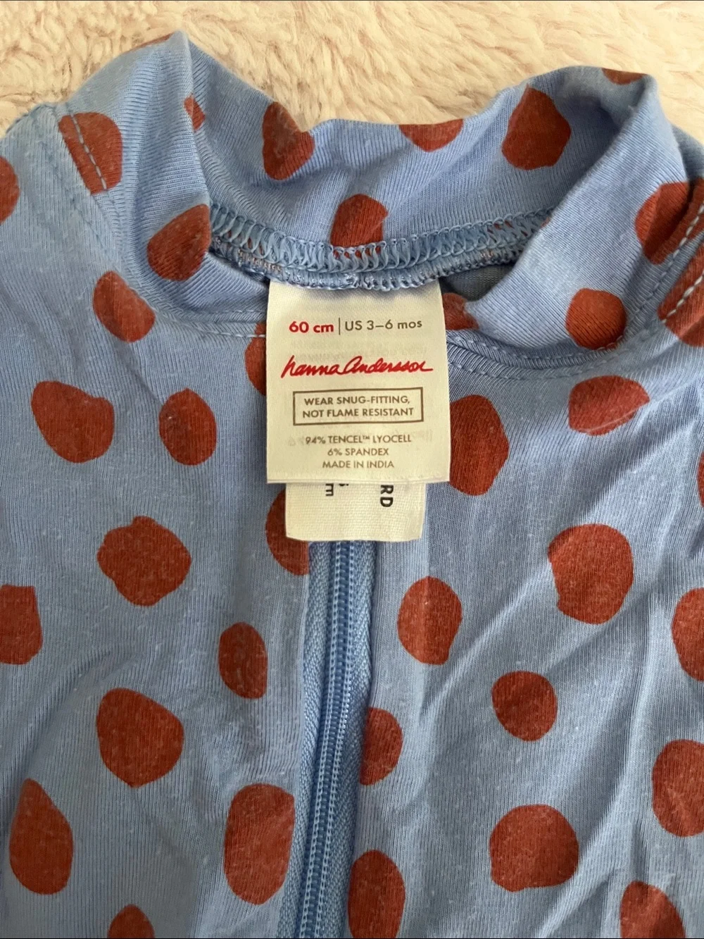 Hanna Andersson Light Blue Footed One-Piece with Brown Polka Dots